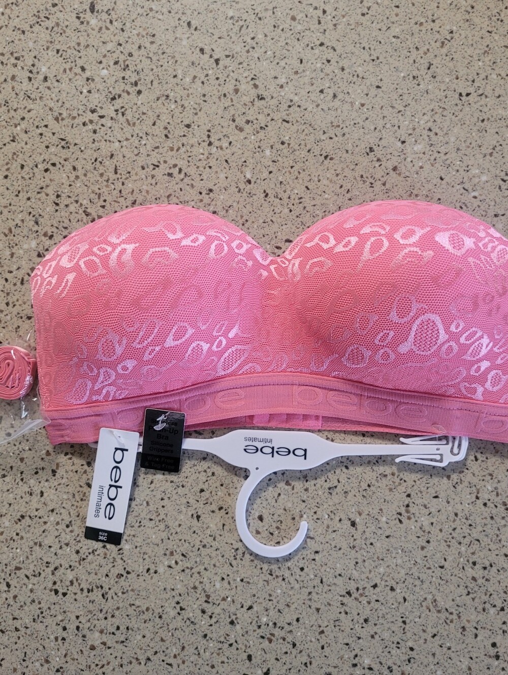 Bebe Womens 36C Strapless Pushup Bra Wire Free Pink Animal Print Straps Included